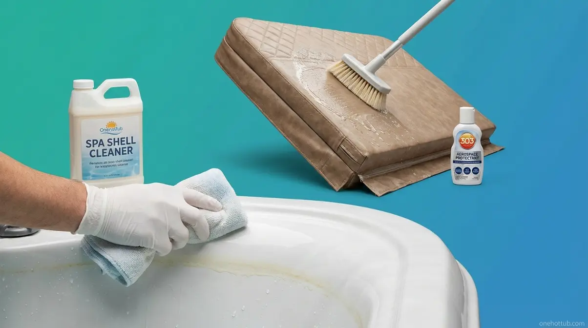 Best Hot Tub Cleaners (2026): Products, Deep Clean Guide 6 Hot tub shell and cover cleaning with microfiber cloth and spa-specific non-abrasive shell cleaner products