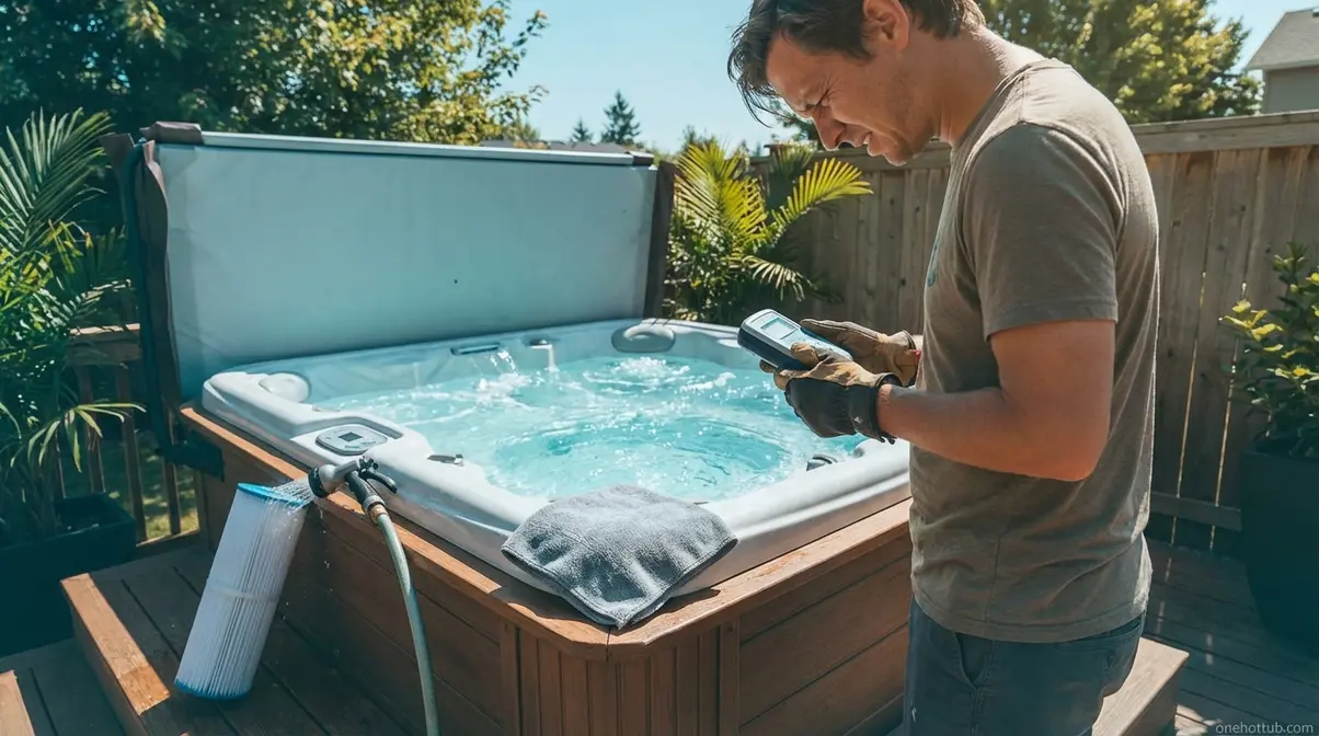 Best Hot Tub Cleaners (2026): Products, Deep Clean Guide 11 Hot tub weekly cleaning tasks showing water chemistry testing, filter rinse, and waterline wipe maintenance steps