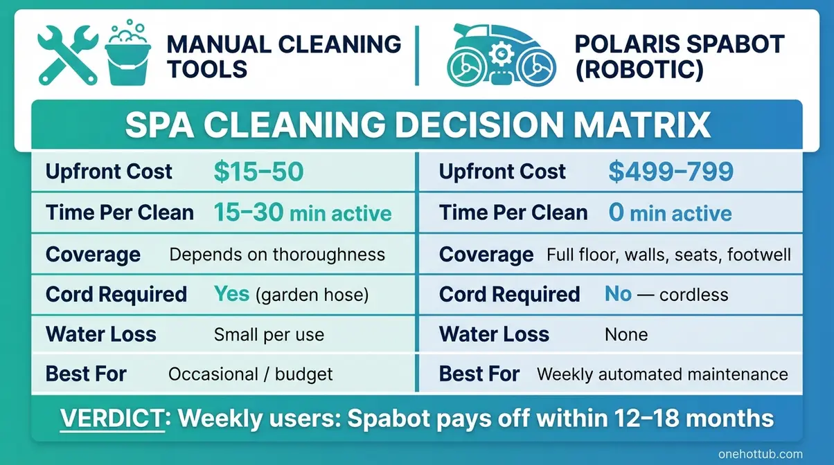 Best Hot Tub Cleaners (2026): Products, Deep Clean Guide 9 Hot tub manual versus robotic spa cleaner comparison decision matrix showing cost, time, and coverage factors