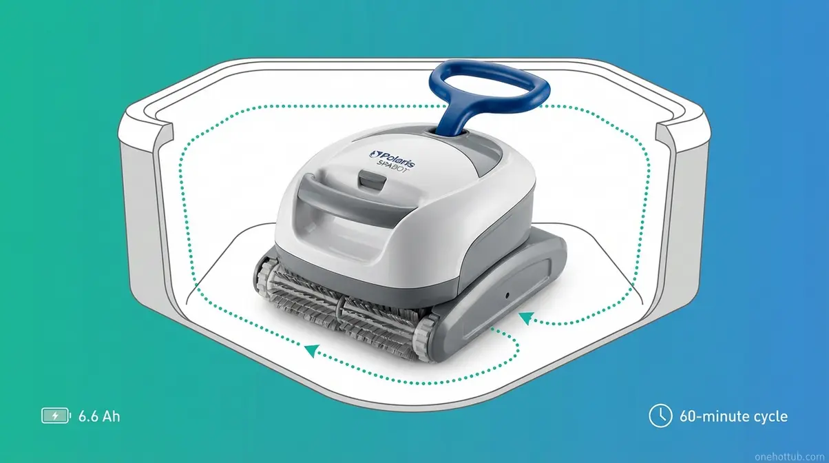 Best Hot Tub Cleaners (2026): Products, Deep Clean Guide 8 Polaris Spabot robotic hot tub cleaner showing autonomous 60-minute cleaning cycle and cordless design