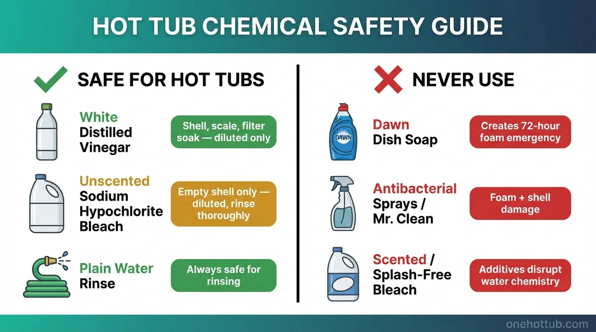 Best Hot Tub Cleaners (2026): Products, Deep Clean Guide 7 Hot tub safe versus unsafe household chemicals comparison chart showing vinegar, bleach, and Dawn dish soap