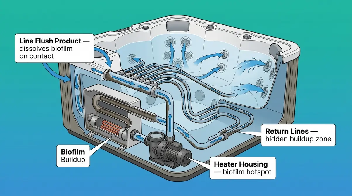 Cross-section diagram of hot tub plumbing showing biofilm accumulation in pipes, jets, and heater housing