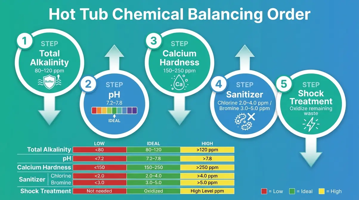 Hot tub chemical balancing sequence infographic showing alkalinity, pH, calcium, sanitizer, and shock in correct order