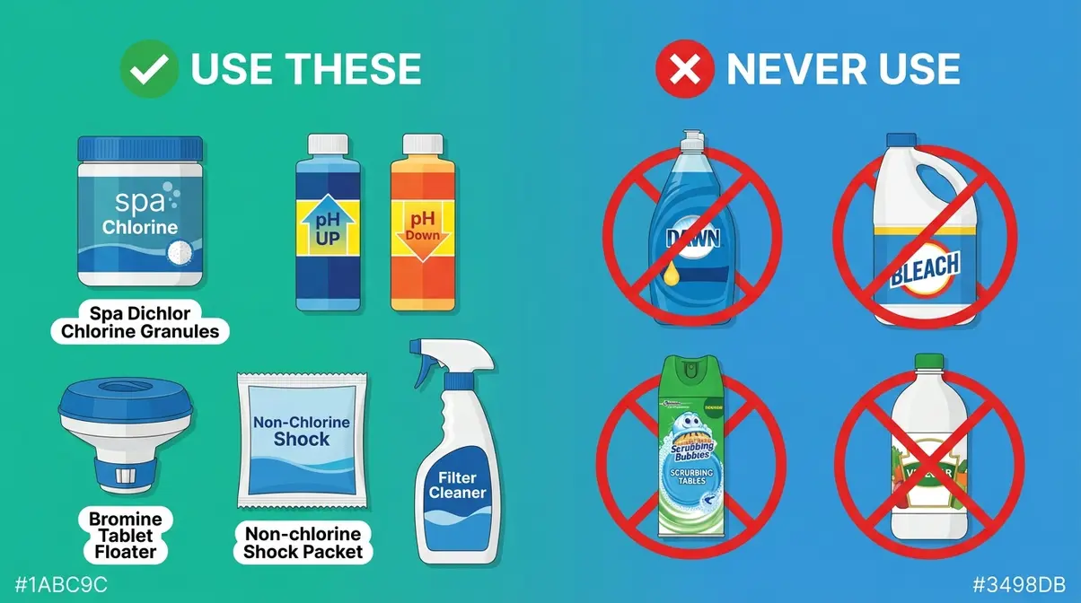 Hot tub chemicals comparison showing safe spa products versus dangerous household cleaners to avoid