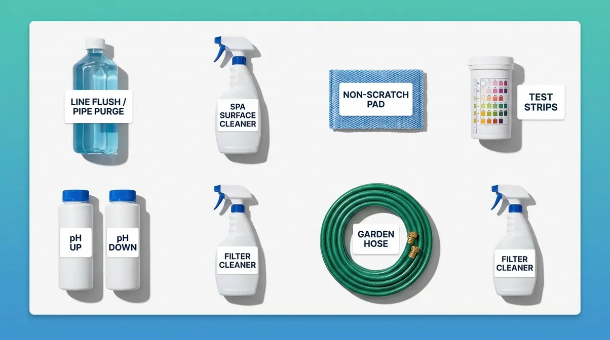 Hot tub cleaning supplies flat-lay including line flush, surface cleaner, test strips, and filter cleaner
