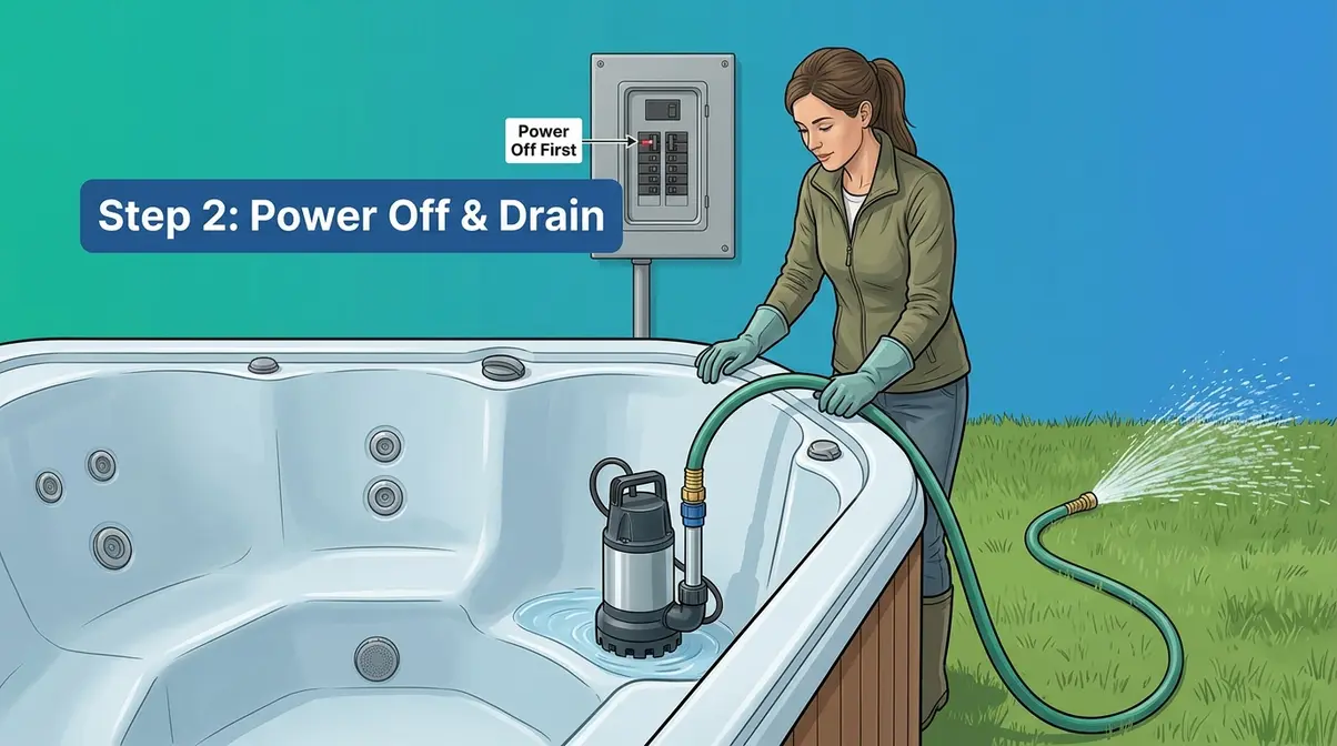 Safely draining a hot tub with submersible pump after powering off at the breaker box
