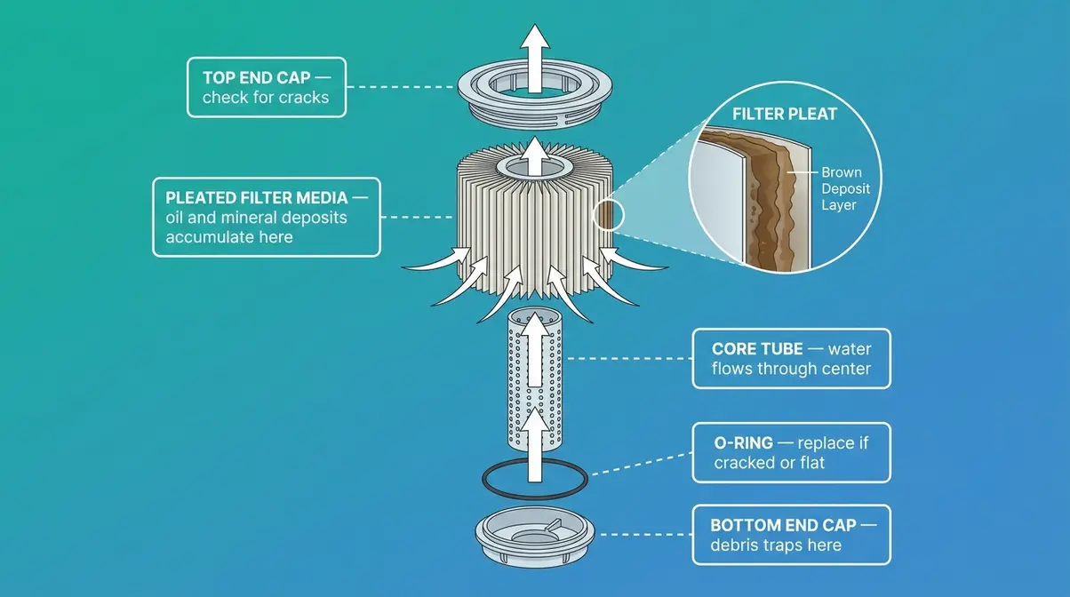 Exploded diagram of hot tub filter cartridge showing pleats, end caps, core tube, and where deposits accumulate