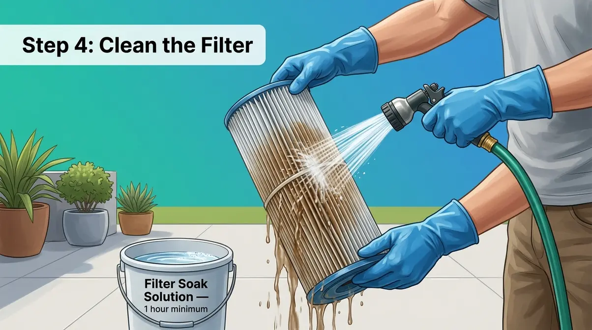 Rinsing hot tub filter cartridge with garden hose spray between pleats during deep cleaning