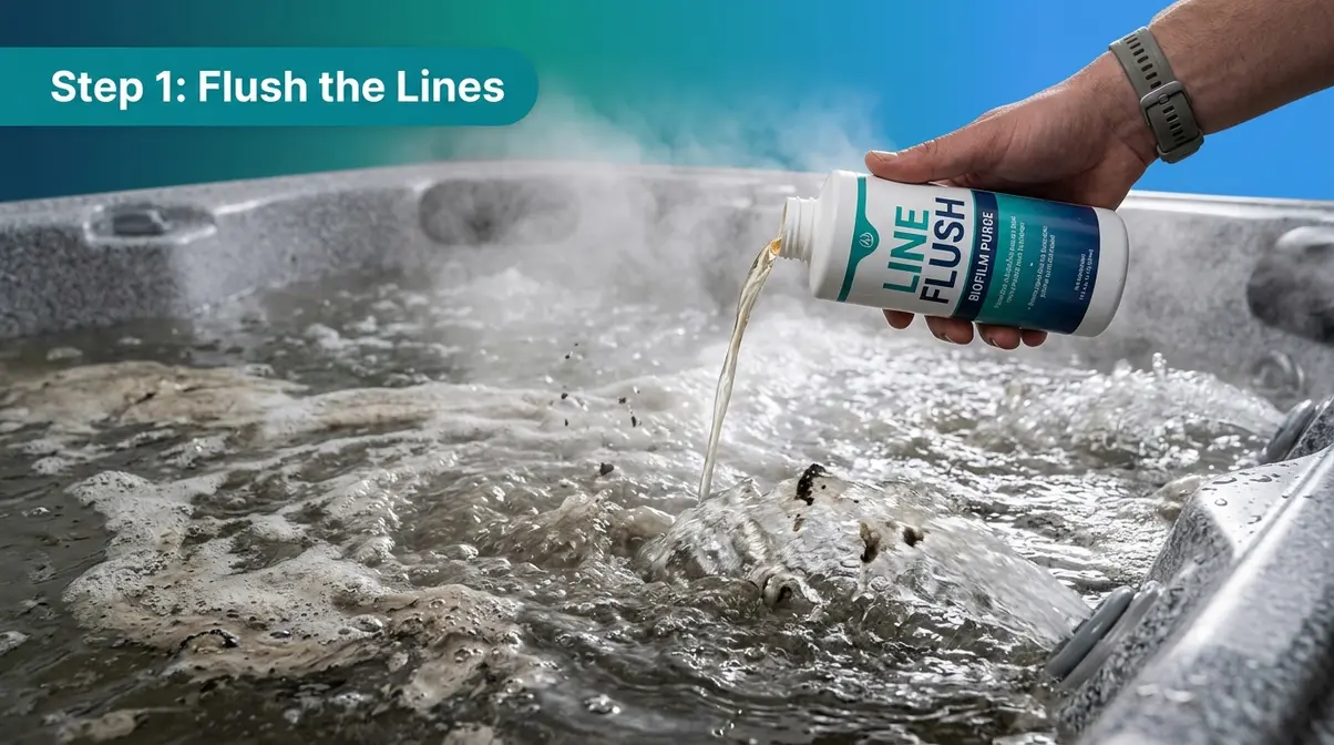 Pouring line flush product into hot tub with jets running to expel biofilm from plumbing lines