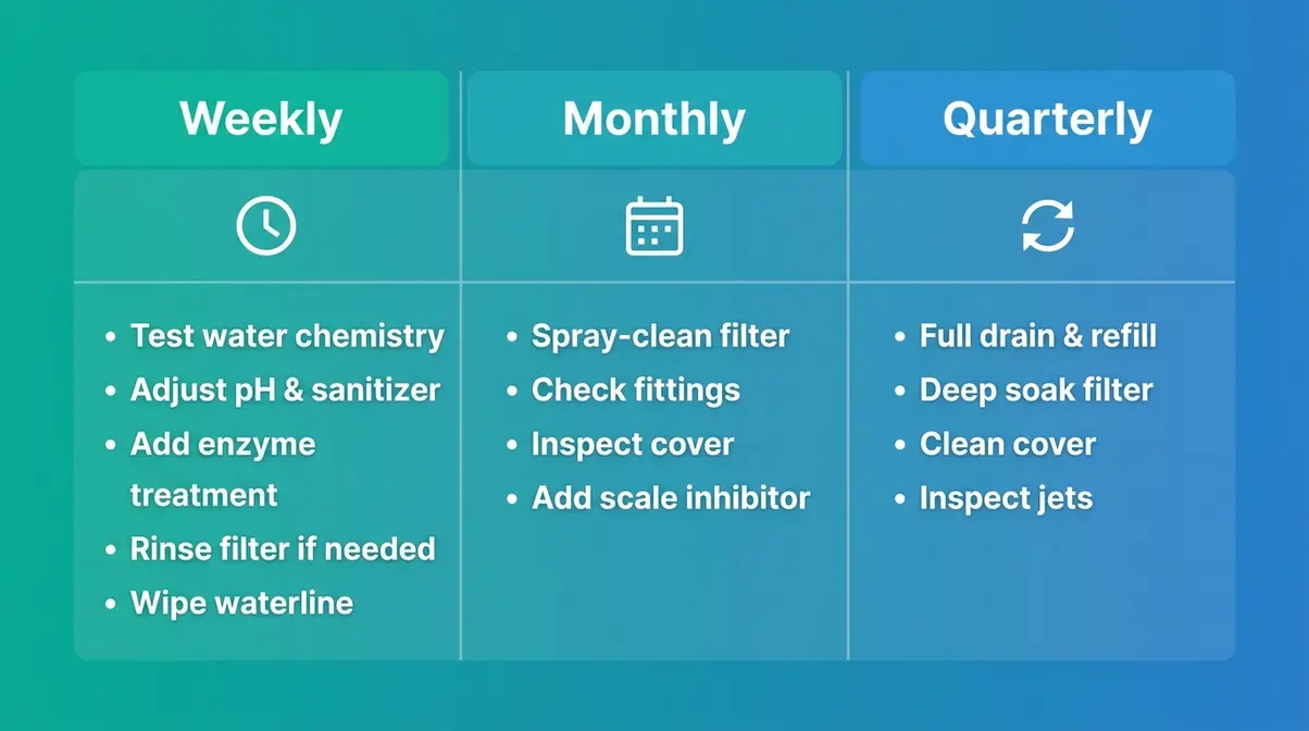 Hot tub maintenance schedule showing weekly, monthly, and quarterly cleaning tasks in calendar format