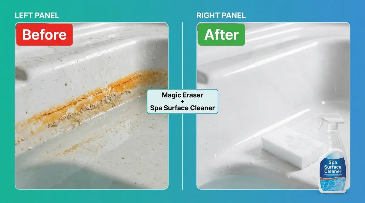 Before and after comparison showing orange hot tub waterline ring removed with Magic Eraser and spa surface cleaner
