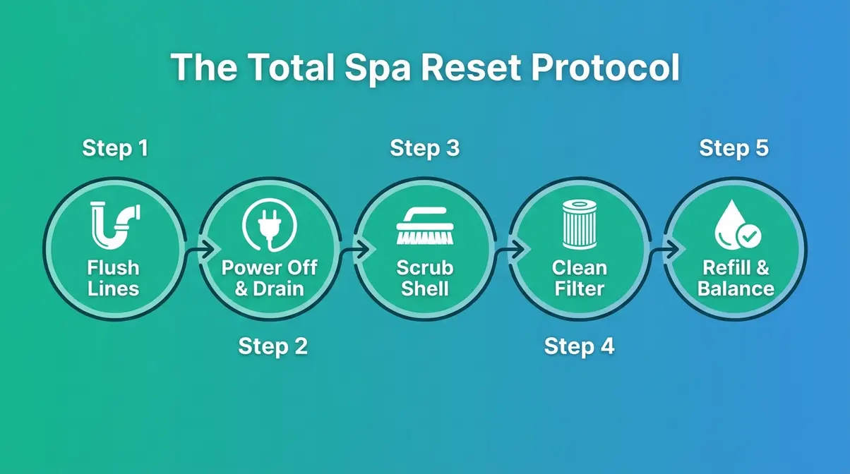 The Total Spa Reset Protocol overview showing five steps from flush to refill for hot tub cleaning