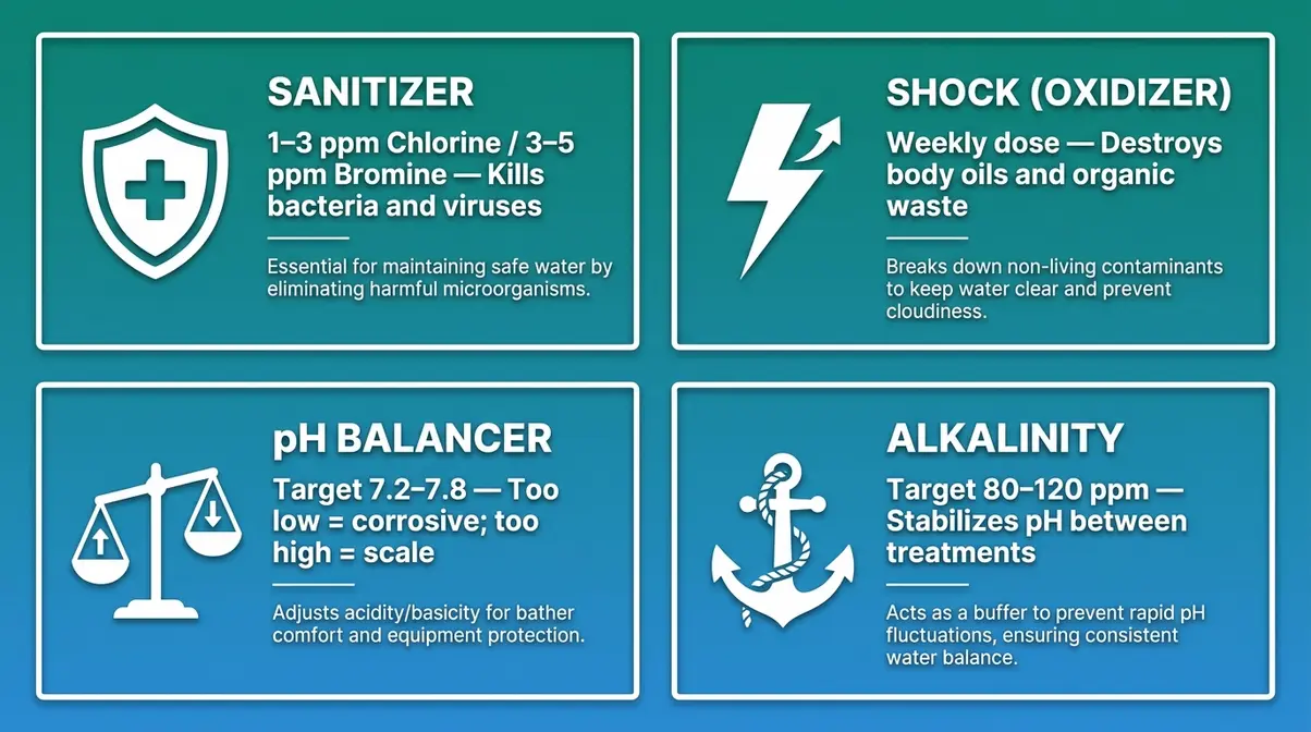 Hot Tub Cleanliness Guide: Keep Your Spa Safe & Clear 2 Hot tub chemical ranges chart for beginners showing pH alkalinity sanitizer and shock ideal levels