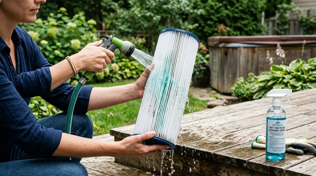 Hot Tub Cleanliness Guide: Keep Your Spa Safe & Clear 6 Person rinsing hot tub filter cartridge with garden hose showing weekly filter cleaning technique