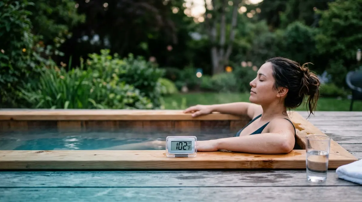 Hot Tub Cleanliness Guide: Keep Your Spa Safe & Clear 3 Person relaxing in hot tub with thermometer showing safe temperature for responsible soaking time limits