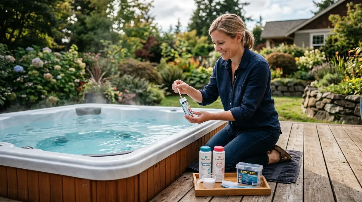 Hot Tub Cleanliness Guide: Keep Your Spa Safe & Clear 4 Person testing hot tub water with test strips as part of weekly hot tub maintenance routine