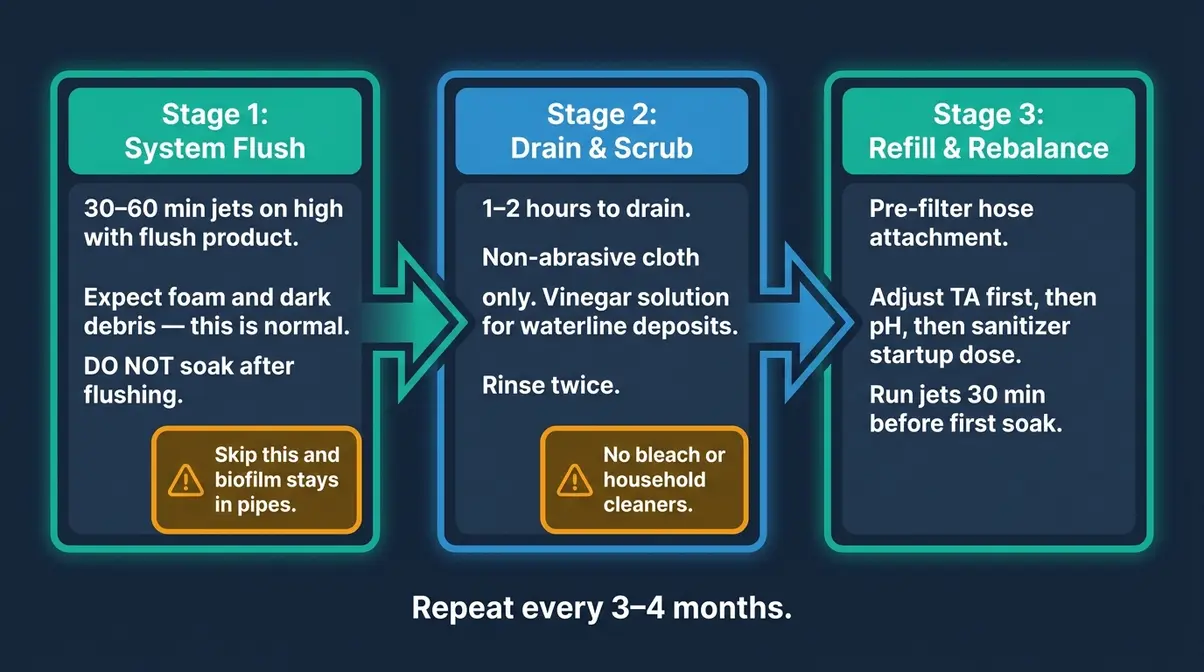 Hot Tub Cleanliness Guide: Keep Your Spa Safe & Clear 7 Quarterly hot tub deep clean flowchart showing system flush drain scrub and refill rebalance steps