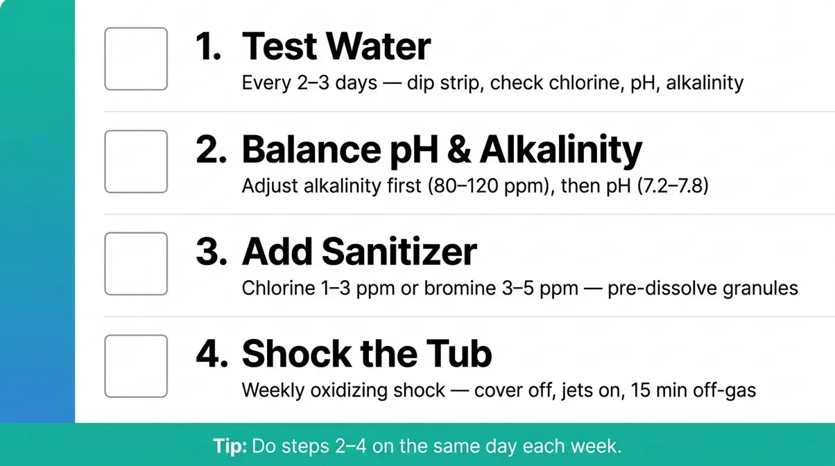 Hot Tub Cleanliness Guide: Keep Your Spa Safe & Clear 5 Weekly hot tub maintenance checklist showing testing balancing sanitizing and shocking schedule steps