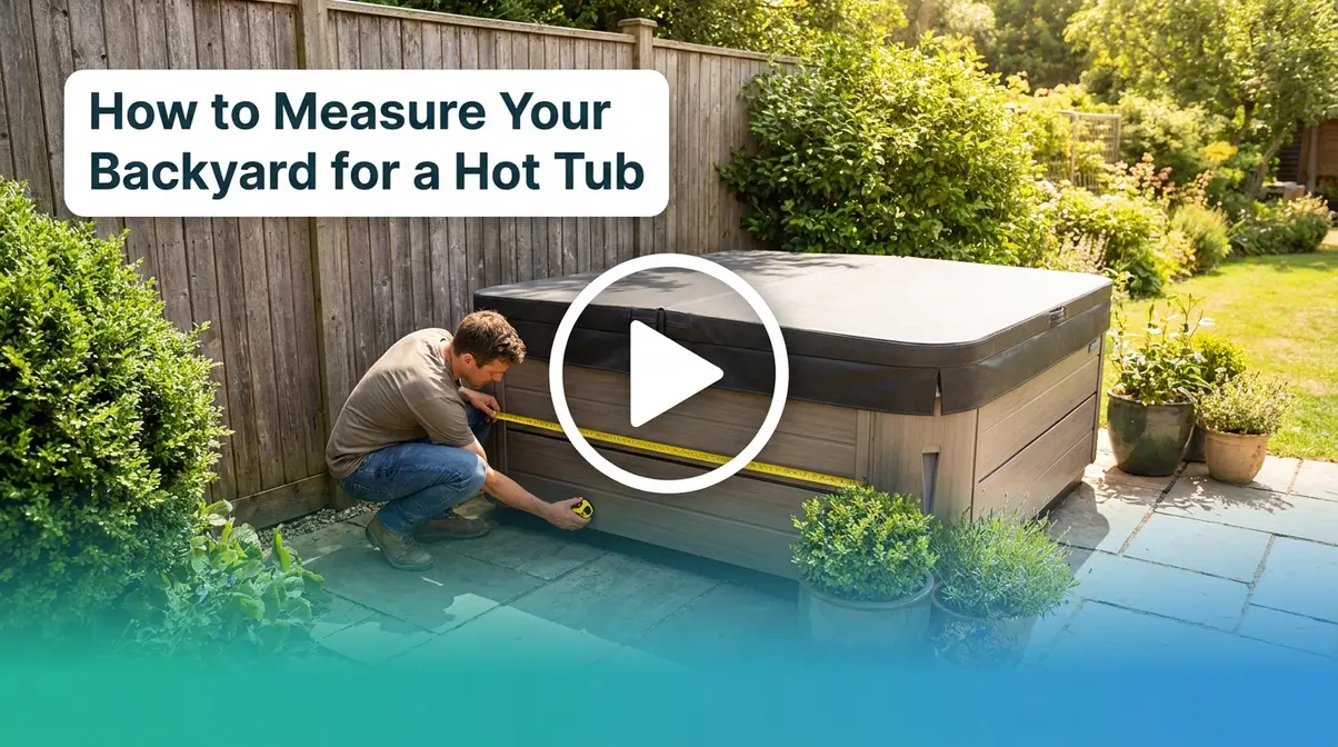 Hot Tub Dimensions Guide: Sizes, Shapes & Space Planning 1 Video thumbnail showing person measuring backyard clearance space around a hot tub installation