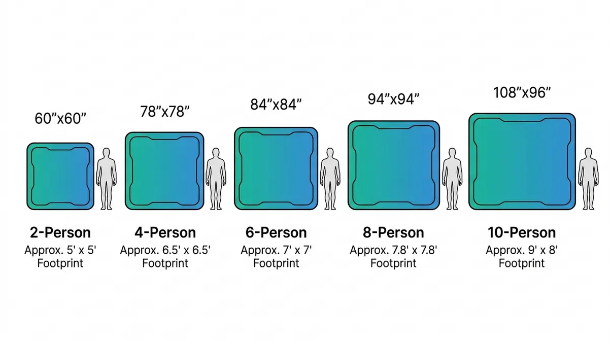 Hot Tub Dimensions Guide: Sizes, Shapes & Space Planning 5 Hot tub size comparison by person capacity from 2-person to 10-person models shown to relative scale