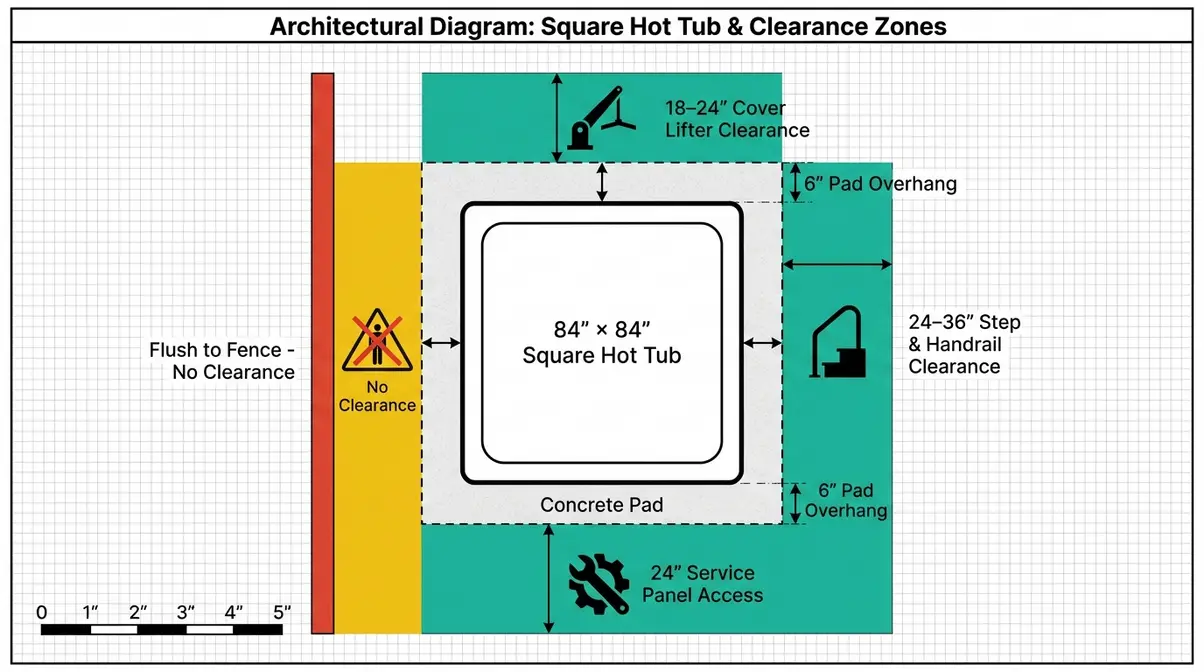 Hot Tub Dimensions Guide: Sizes, Shapes & Space Planning 3 Top-down clearance diagram showing hot tub cover lifter space, service panel access, and step clearance zones