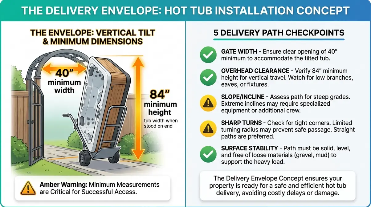 Hot Tub Dimensions Guide: Sizes, Shapes & Space Planning 4 Infographic showing hot tub delivery envelope with 40-inch minimum width and 84-inch height clearance requirements