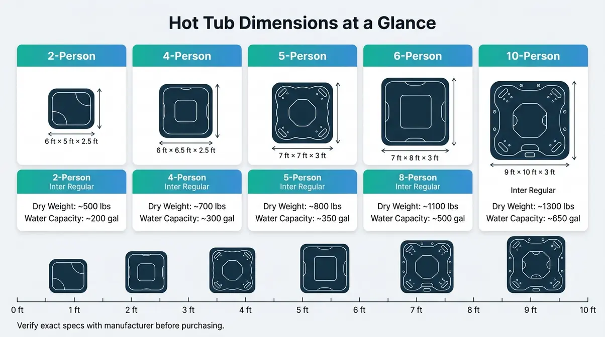 Hot Tub Dimensions Guide: Sizes, Shapes & Space Planning 6 Hot tub dimensions infographic comparing 2-person to 10-person models with length, width, depth, and weight measurements