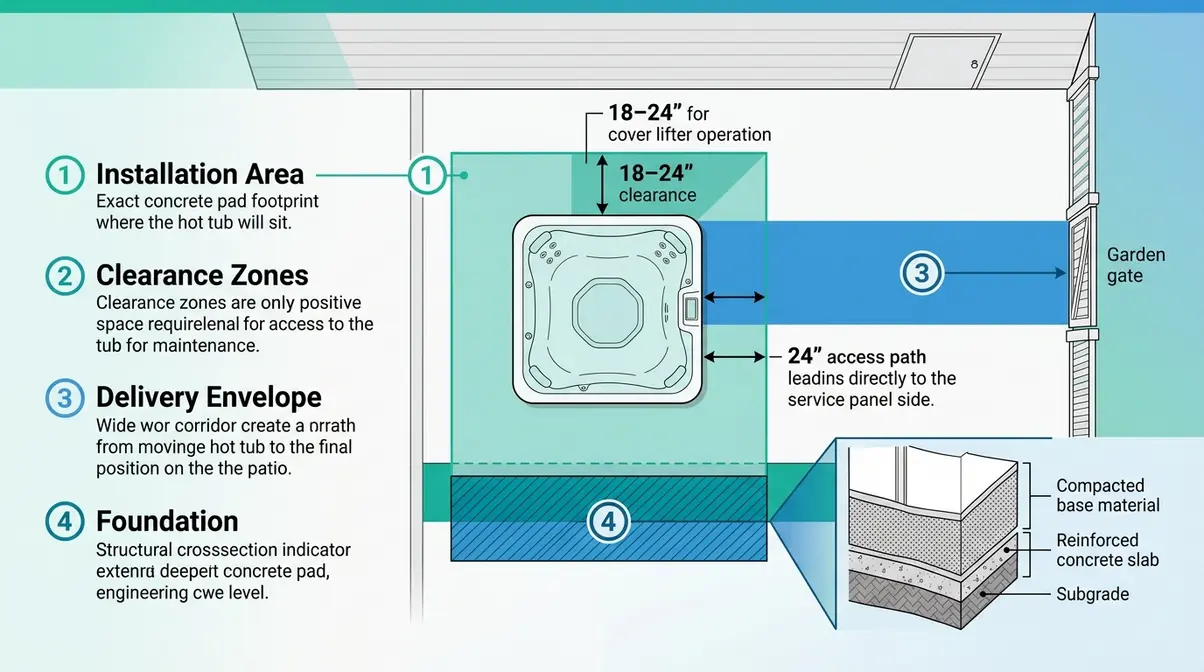 Hot Tub Dimensions Guide: Sizes, Shapes & Space Planning 2 Four-step hot tub measurement diagram showing installation area, clearance zones, delivery path, and foundation load zones