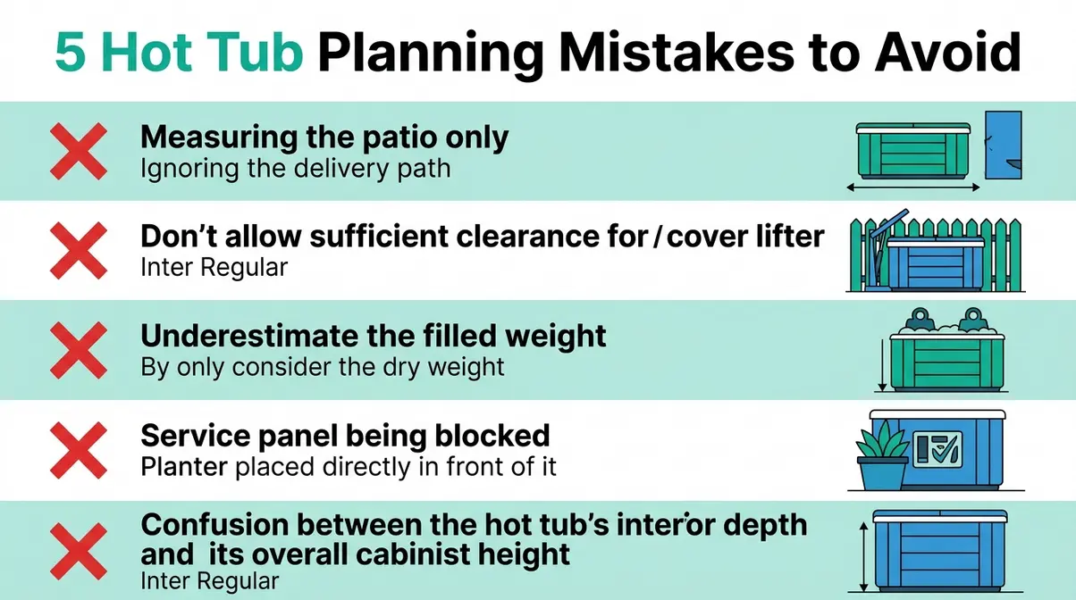Hot Tub Dimensions Guide: Sizes, Shapes & Space Planning 8 Five common hot tub planning mistakes illustrated as a checklist including delivery path and cover lifter clearance errors