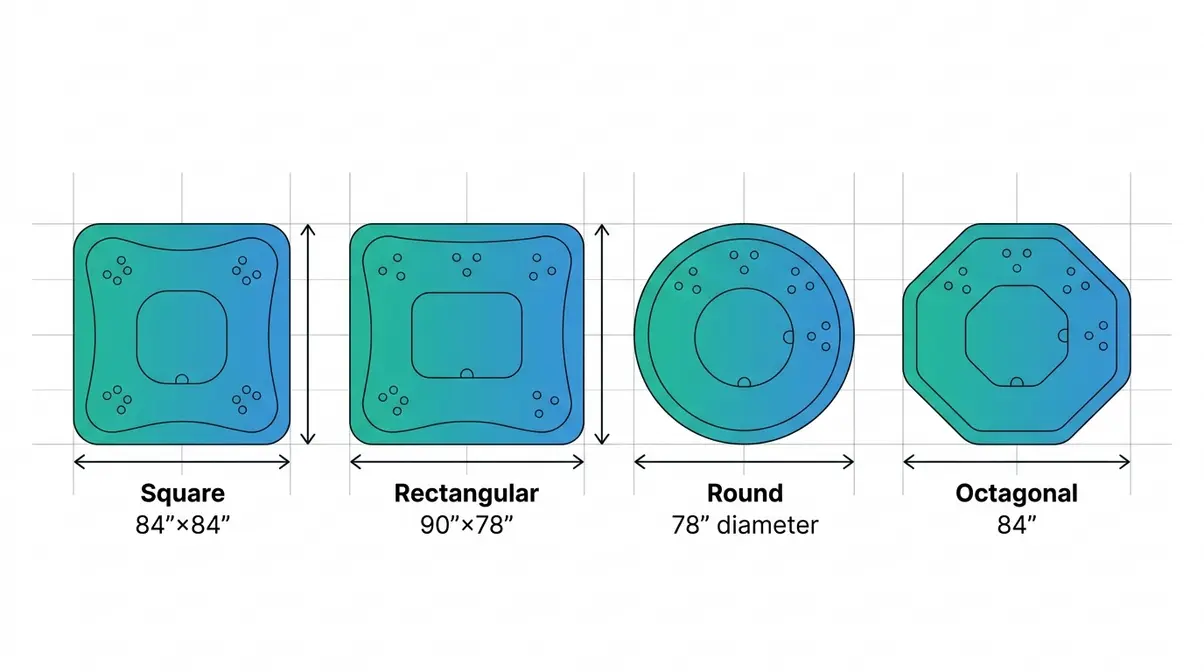 Hot Tub Dimensions Guide: Sizes, Shapes & Space Planning 7 Four hot tub shapes compared — square, rectangular, round, and octagonal footprints shown to scale with dimensions