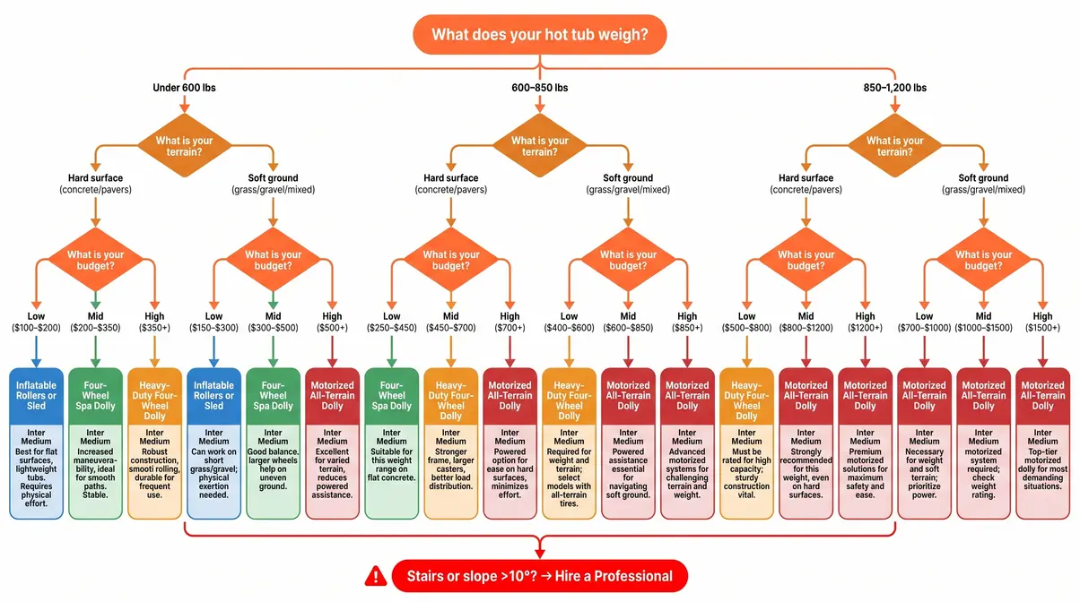 Hot tub dolly buying guide selector matrix decision chart by weight terrain and budget