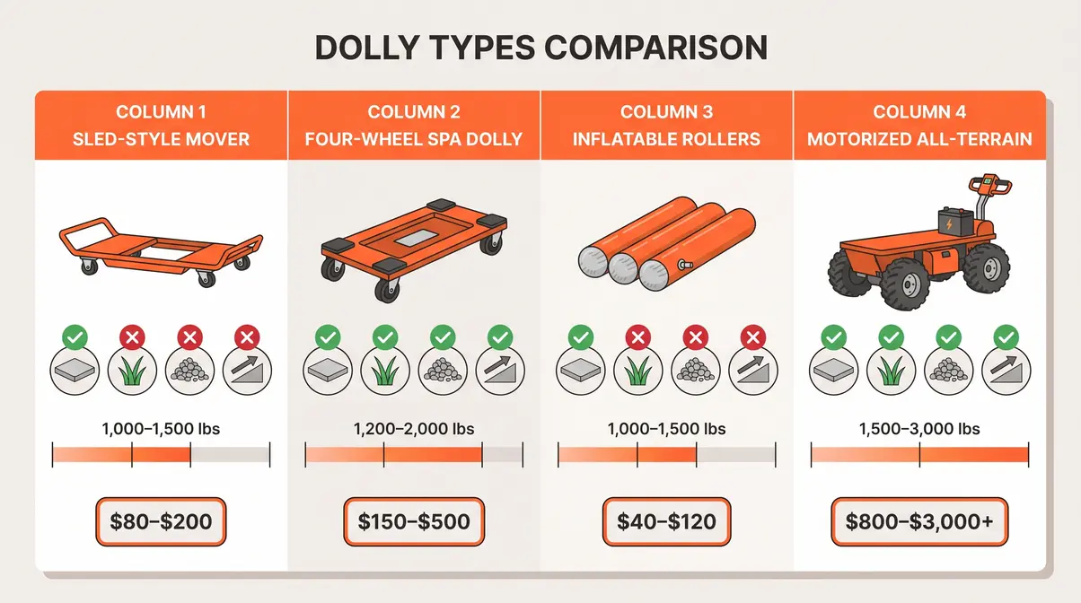 Four types of hot tub dollies compared by weight capacity terrain and price for DIY spa moves