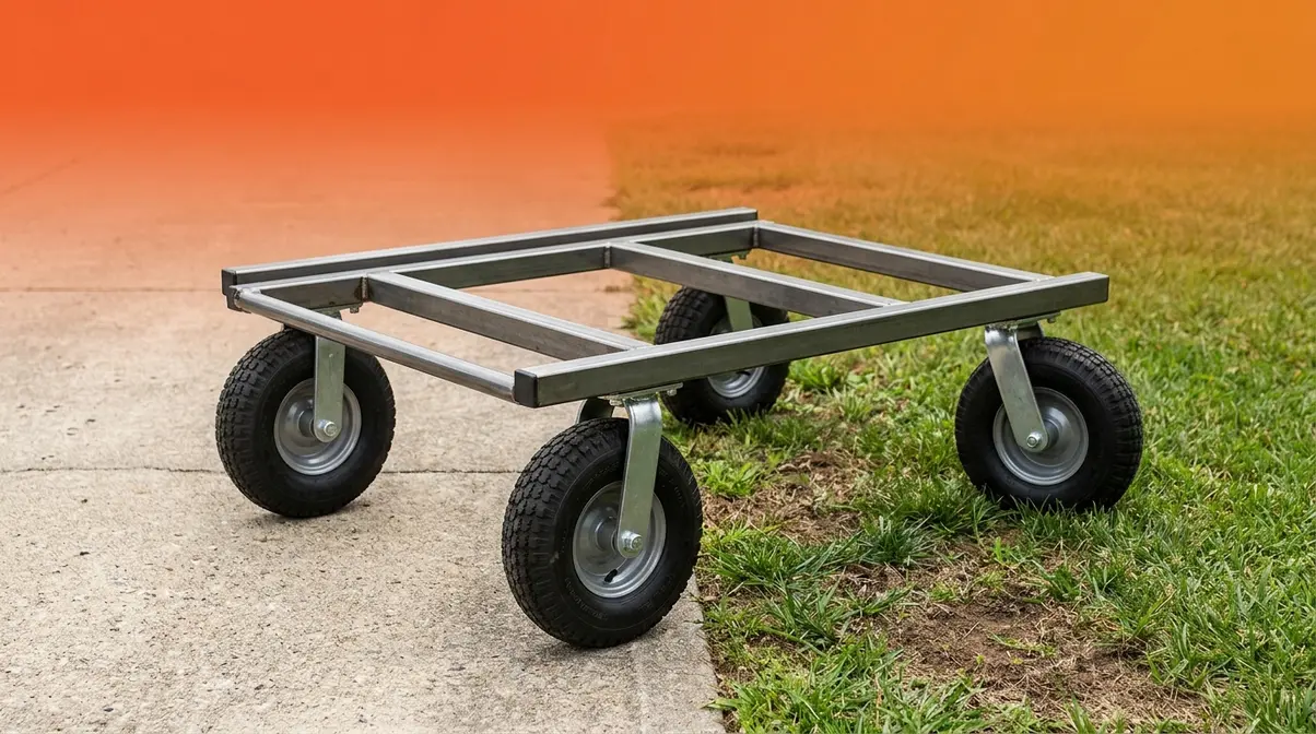 Four-wheel spa dolly with pneumatic tires rolling across mixed concrete and grass terrain