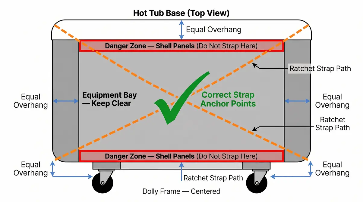 Correct hot tub dolly placement and ratchet strap routing diagram for safe spa moving