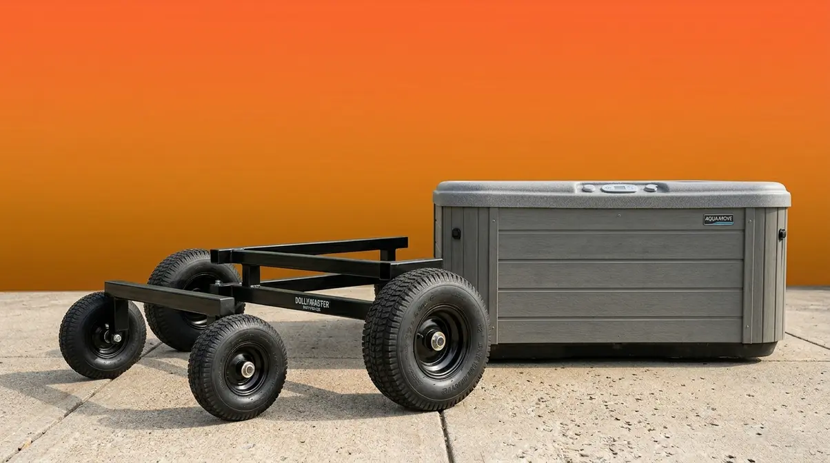 Purpose-built hot tub dolly with large pneumatic tires positioned under a residential spa on concrete