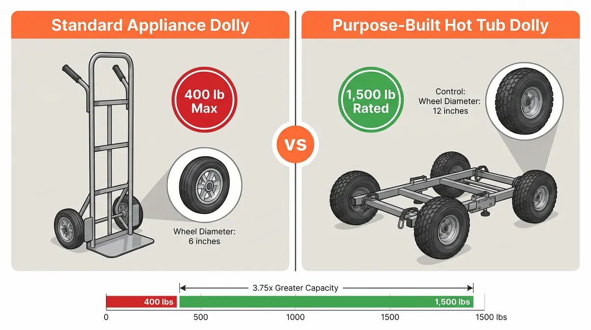 Hot tub dolly vs standard appliance dolly weight capacity and wheel size comparison chart