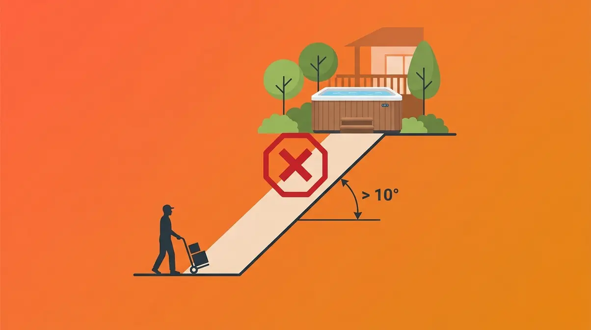 Hot tub on steep incline with safety warning indicating slope above ten degrees requires professional movers