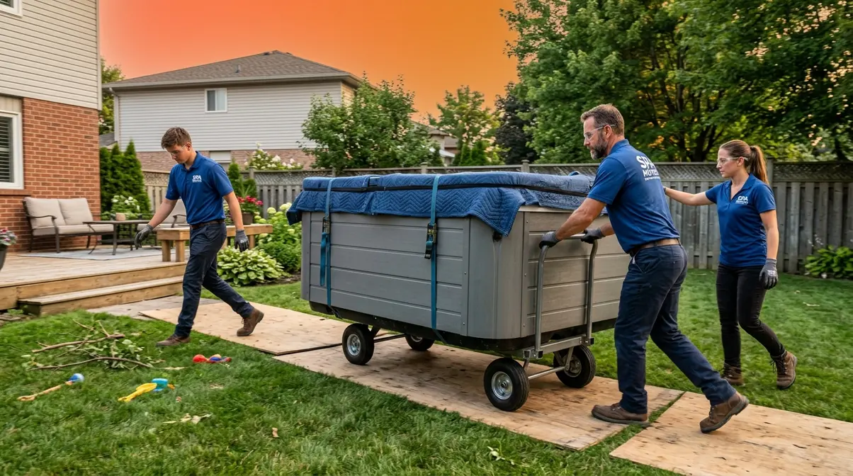 Three-person team safely moving a hot tub on a four-wheel spa dolly across a backyard with plywood sheets