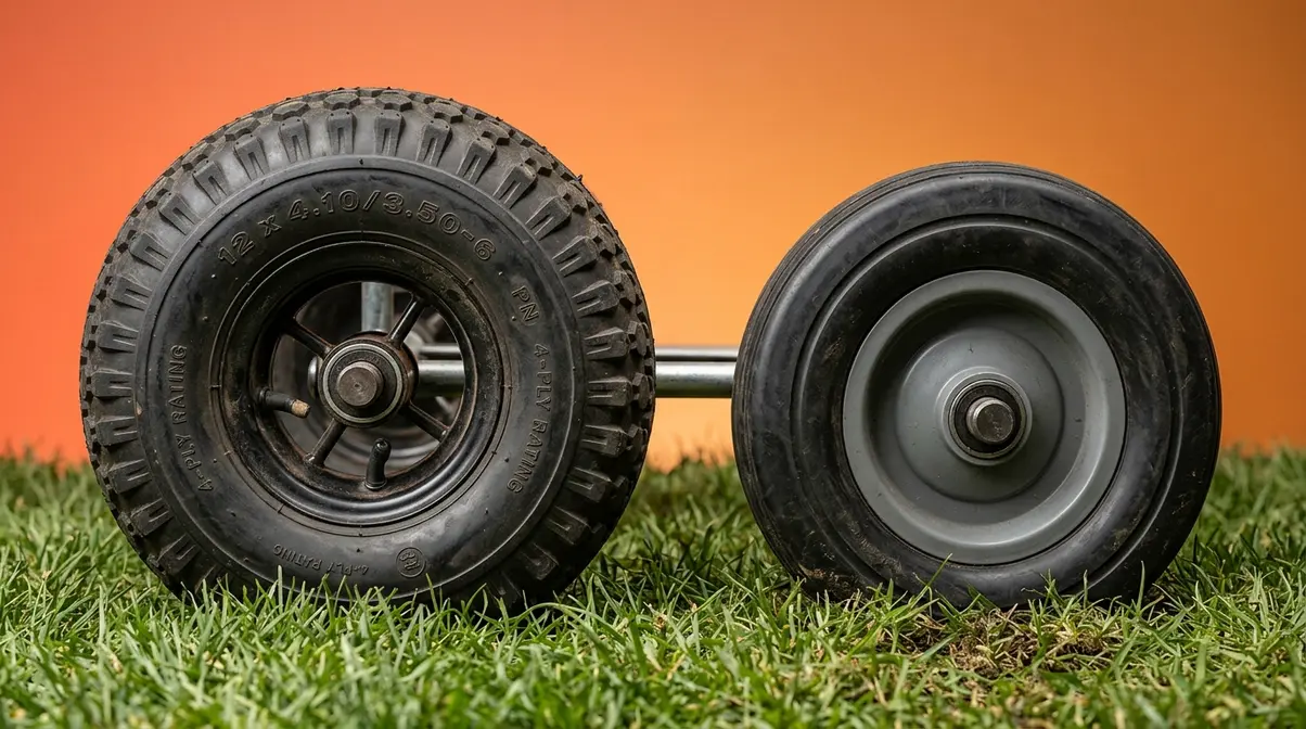 Pneumatic hot tub dolly tire versus solid rubber wheel comparison on soft grass surface
