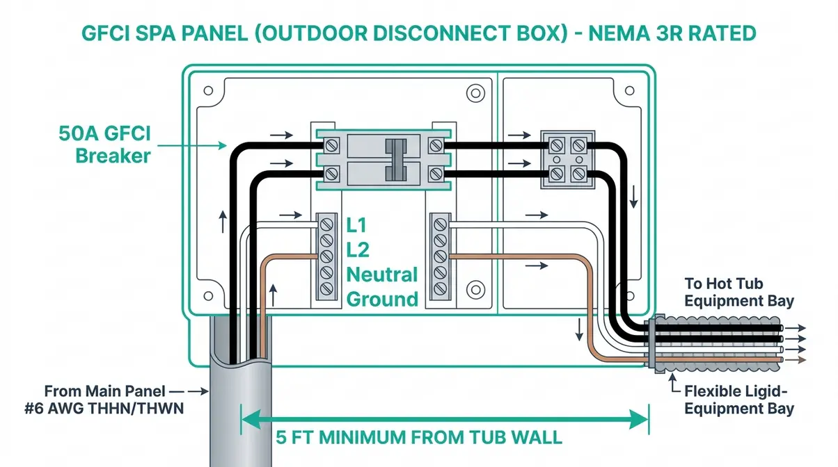 Labeled diagram of GFCI spa panel connections showing incoming feeder wire, outgoing hot tub connection, and GFCI breaker location