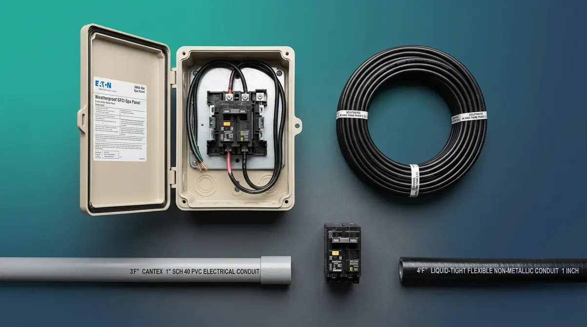 Key hot tub electrical components including GFCI spa panel, copper wire, PVC conduit, and GFCI breaker arranged professionally