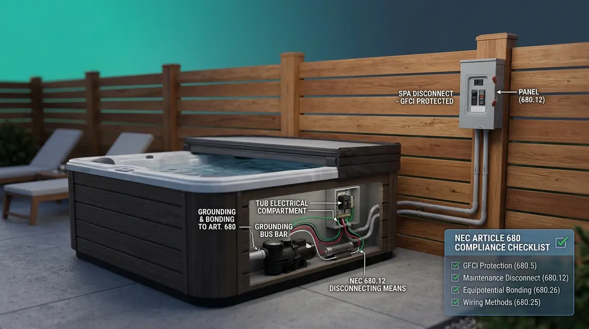 Outdoor hot tub showing GFCI spa panel and conduit run illustrating NEC Article 680 electrical requirements