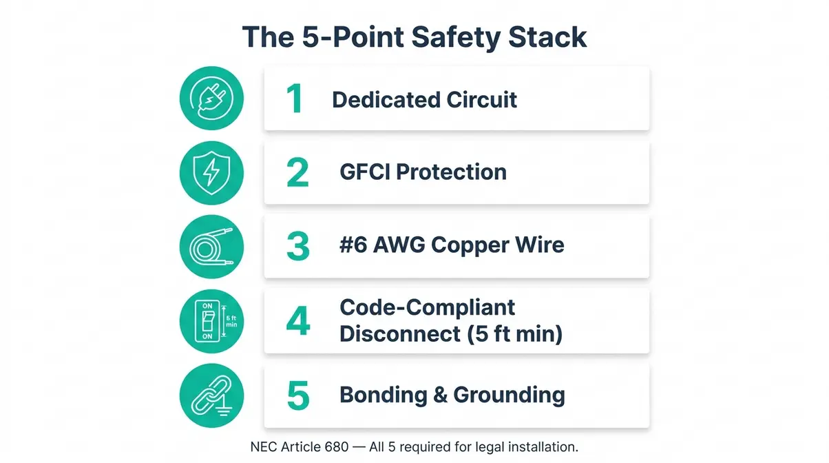 Hot tub electrical installation NEC Article 680 five-point safety checklist covering GFCI, dedicated circuit, and disconnect requirements