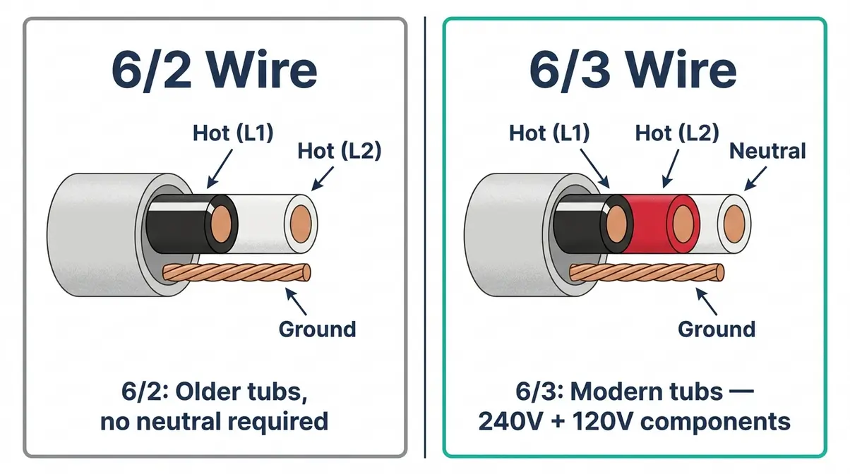 Side-by-side wiring diagram comparing 6/2 and 6/3 hot tub wire configurations showing conductor count and uses
