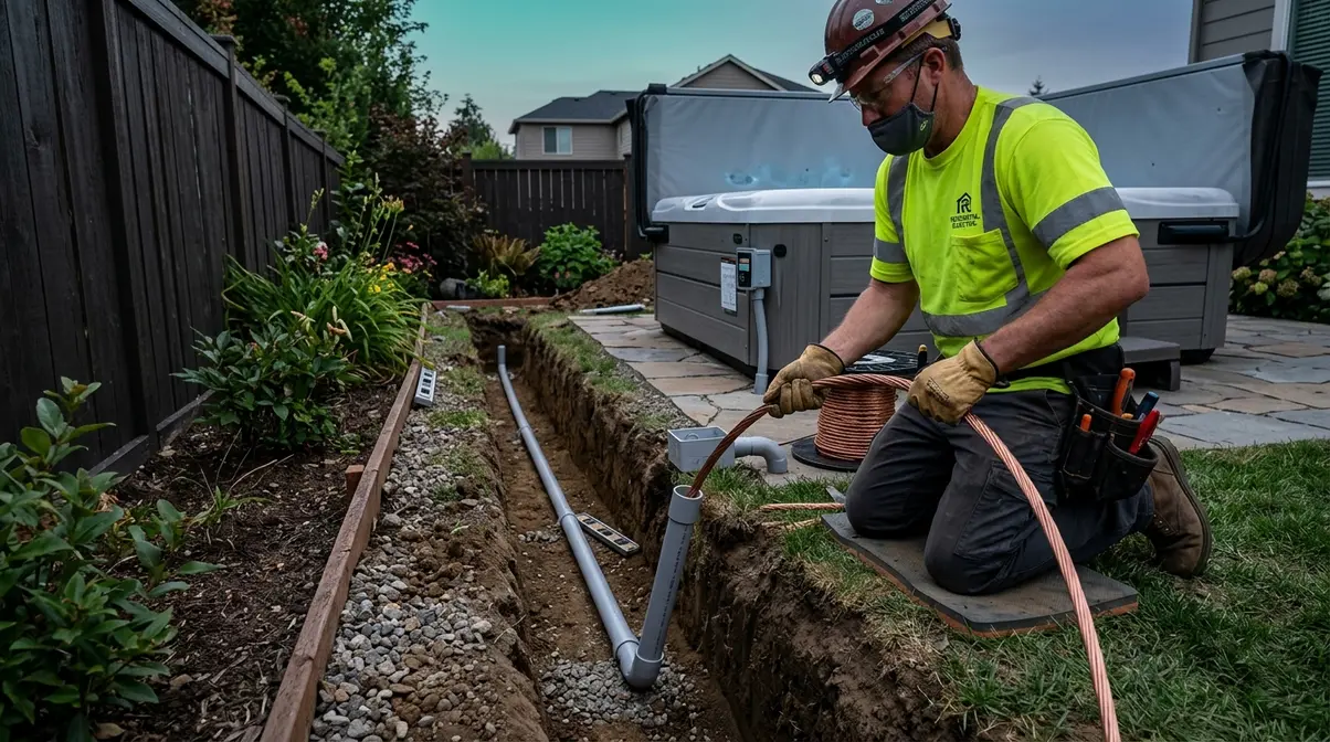 Licensed electrician pulling copper wire through PVC conduit in trench during hot tub wiring installation