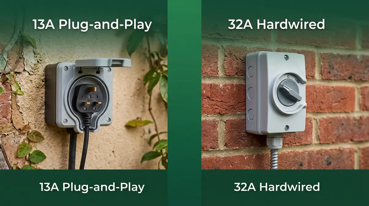 13A plug-and-play vs 32A hardwired hot tub electrical supply options for UK installations
