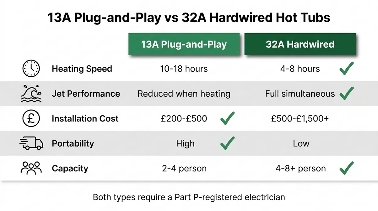 13A vs 32A hot tub comparison infographic for UK electrical requirements showing heating speed and installation cost