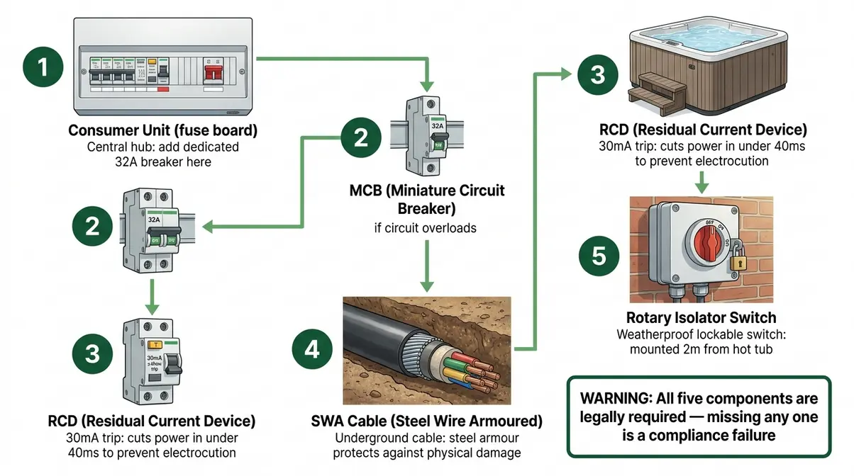 Five key components of UK hot tub electrical installation including consumer unit, MCB, RCD, SWA cable and rotary isolator