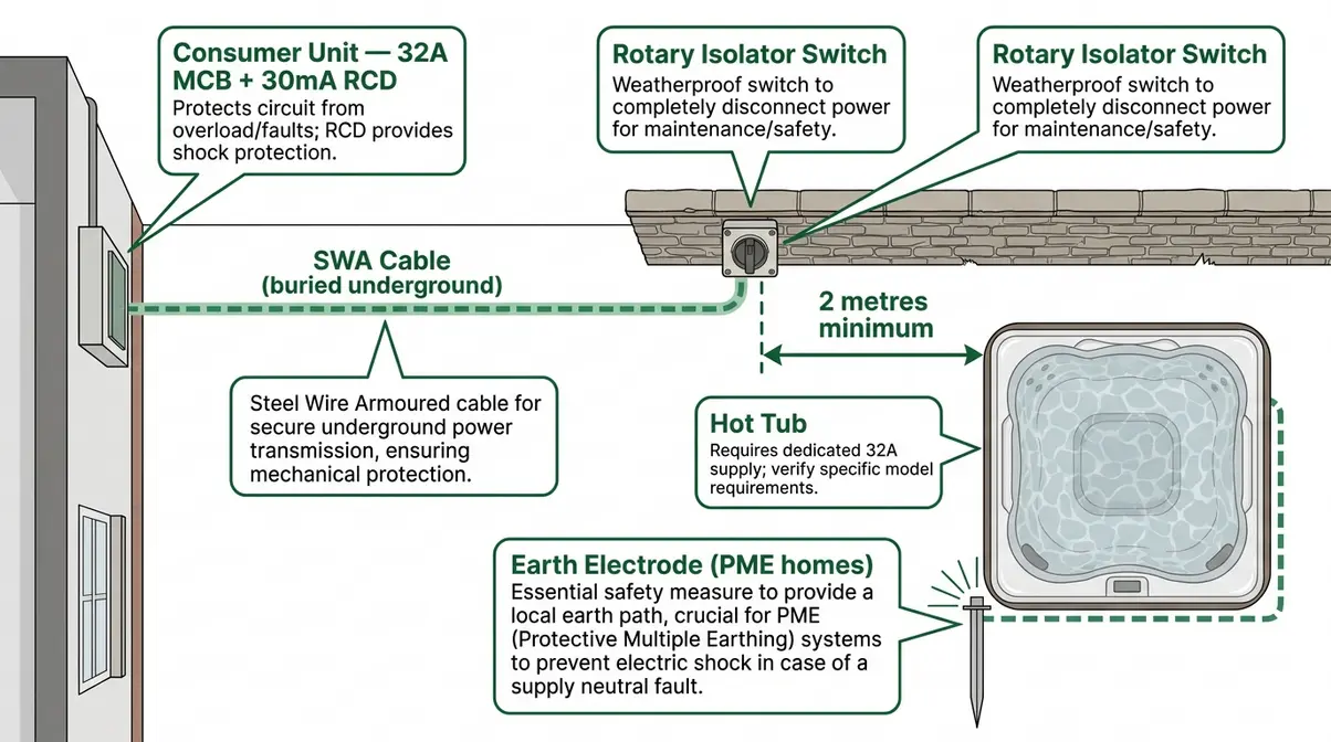 Hot tub electrical requirements UK diagram showing 32A hardwired installation with rotary isolator 2 metres from hot tub