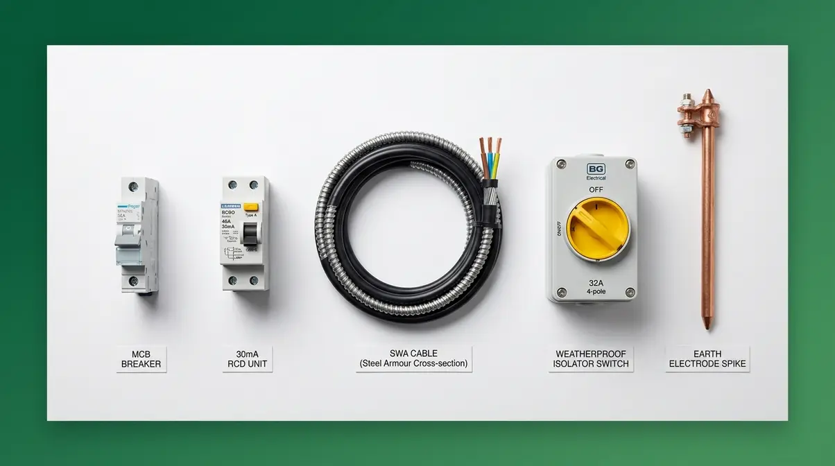Five key components for UK hardwired hot tub installation including RCD, MCB, SWA cable and rotary isolator
